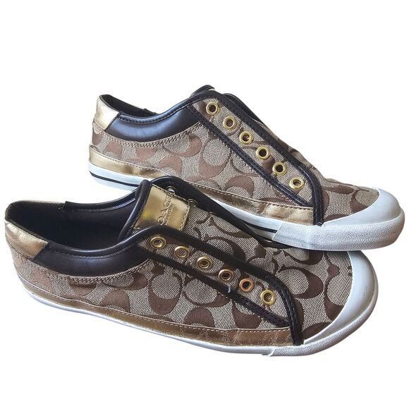 Coach Felix Signature C Canvas Slip-On Sneakers US 9B Gold Brown Low Top - Picture 2 of 7